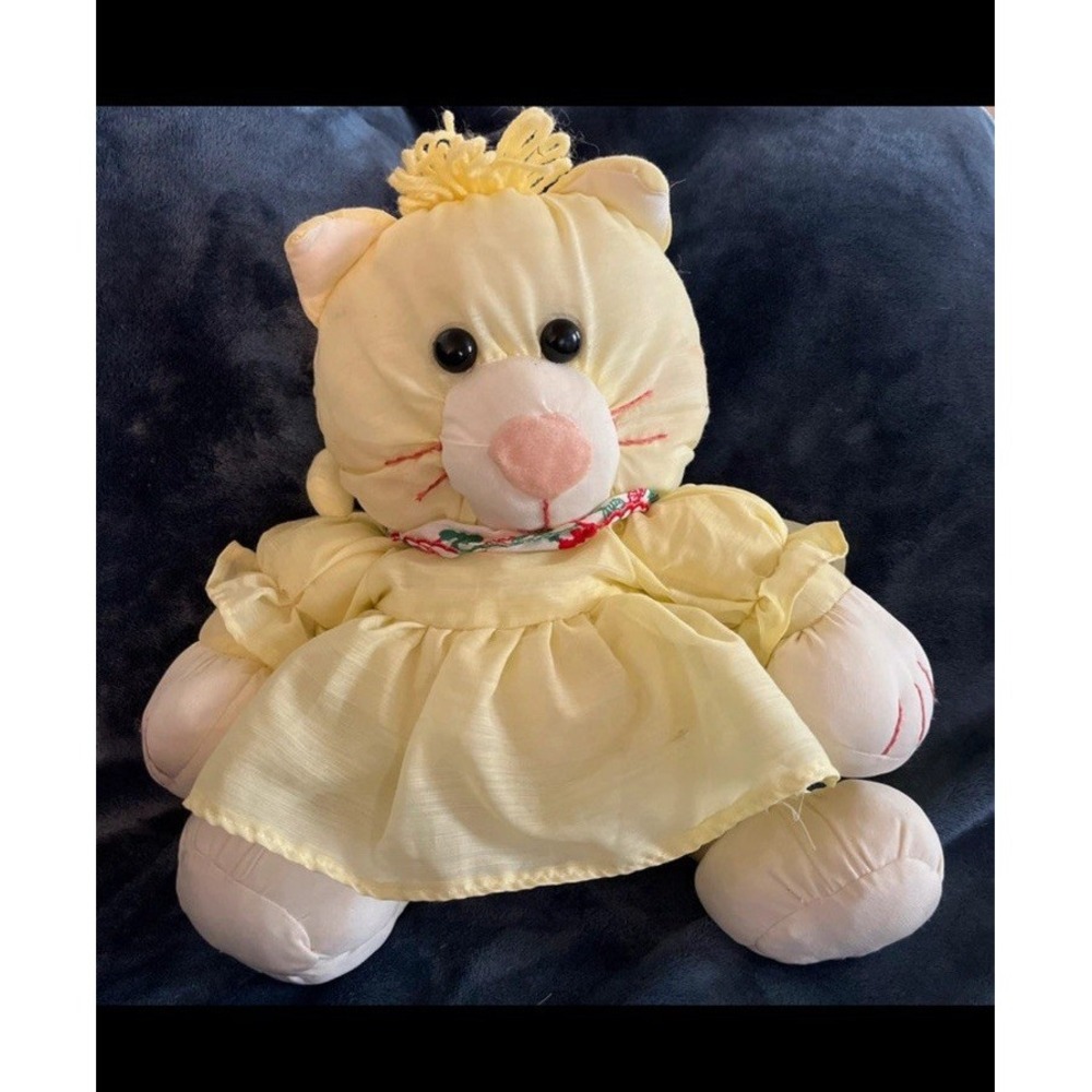 Vintage Puffalump Handmade Cat Dressed in Yellow Dress with Bow, Medium 14-24"
